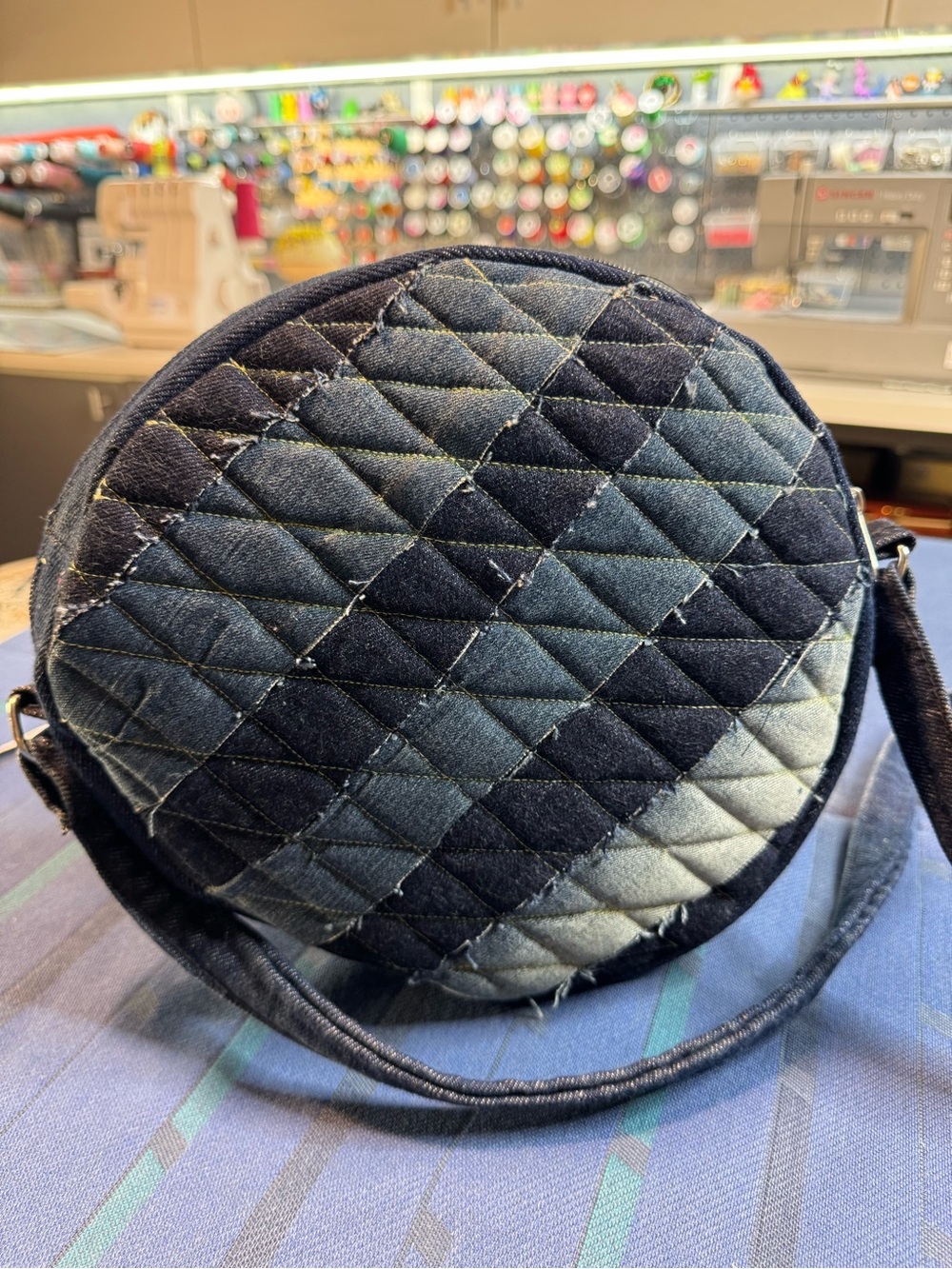 Quilted Round Denim Crossbody Bag - Blue